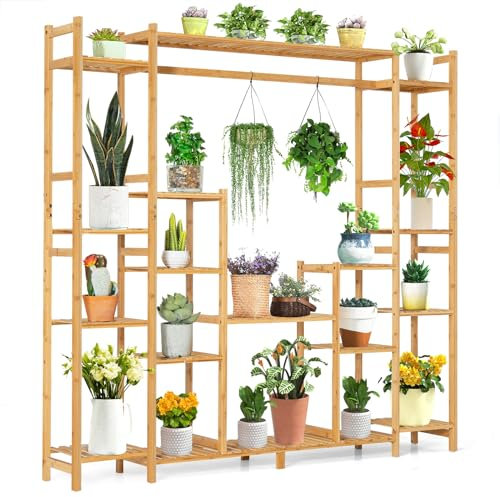 HOMASIS Scaffale per fiori con 18 ripiani e asta sospesa, in bambù, per soggiorno, balcone, giardino, terrazza, 167 x 30 x 166 cm, naturale