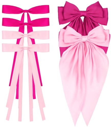 WHAVEL 6PCS Pink Hair Bows for Women, Pink Ribbon Hair Clips with Long Tail Silky Satin Bow Clips Cute Hair Accessories