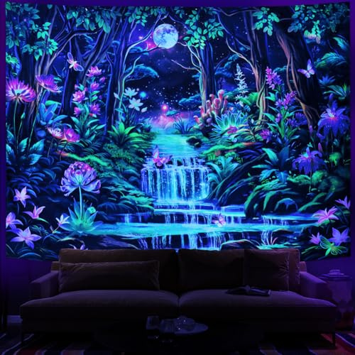 Leofanger Blacklight Fantasy Forest Tapestry Aesthetic Moon Tapestry UV Reactive Neon Galaxy Space Wall Tapestries Trippy Plant Floral Tapestries Wall Hanging for Home Decor(51.2x59.1)
