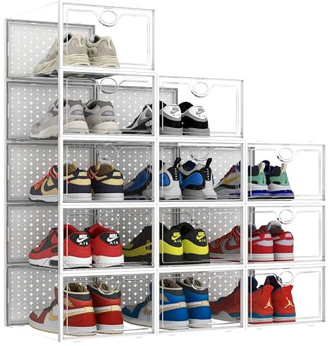 Pinkpum XXL12 Stück Schuhboxen Stapelbar Transparent Größe 48, Hartplastik Schuhkarton mit Deckel, Faltbar Wünschenswert Schuh-Organizer,Schuhaufbewahrung für Stöckelschuhe,Stiefeletten Weiß