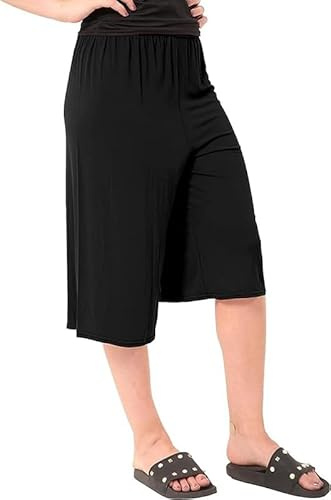 OutfitsbySMILE Women Ladies Plain Wide Leg Culottes 3/4 Length Shorts Trousers Elastic Waist Cropped Culottes Casual Summer Flared Palazzo Pants. Black