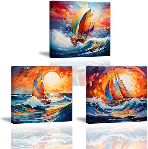 PIY PAINTING Quadri su tela Barca in mare, Stampa su tela di paesaggi, Olio su tela stile, Quadri Moderni Soggiorno Arte Murale per Cucina Sala yoga Ufficio Bar Camera della musica 3x 30x30cm