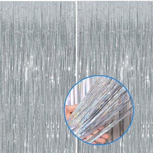 Jonami Tende Metalliche Argento a Brillantini, Orpelli e Festoni Lamina Frangia per Sfondo Fotografico e Decorazioni Festa Compleanno -2 Pz-