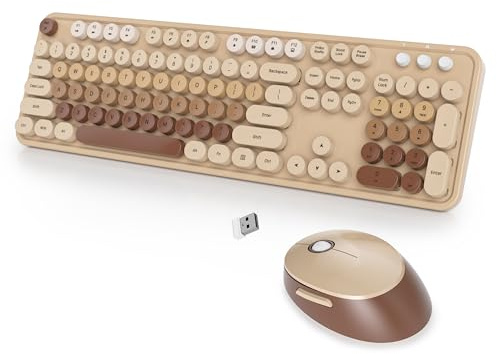 SbocKeeb Retro Keyboard and Mouse Wireless, American QWERTY Cute Typewriter Wireless 2.4GHz Colorful Full Size Keyboard with Number Pad, for Windows PC Laptop,Colorful Coffee