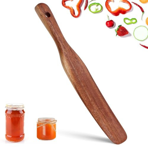 Wood Skinny Spurtle, Teak Wooden Spurtle for Sourdough Starter, Spreading, Baking, Mixing Spoon Stirring Stick Reaching Bottom of Jar Scraper Kitchen Utensils for Cooking Bread Dough Whisk