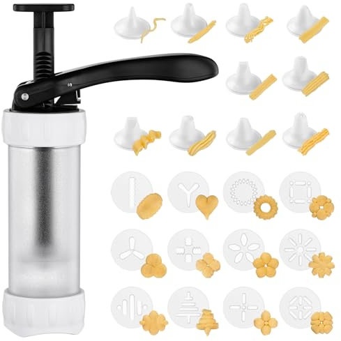 GDL Gebäckpresse, Spritzgebäck Presse mit 12 Schablonen und 10 Tüllen, Garnierspritze für DIY Plätzchen backen, Churros backen und Tortendekoration.(Weiß)