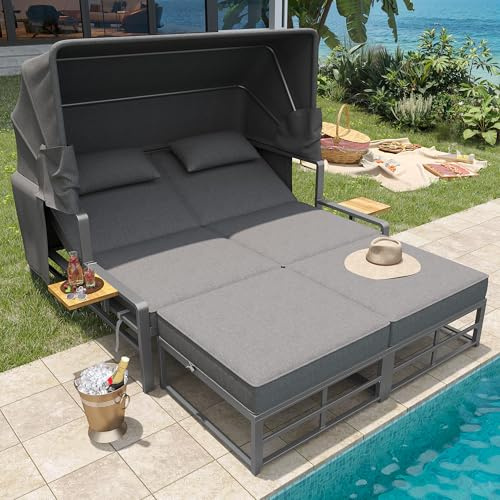 Juego de salón de jardín para 2 – 4 personas, tumbona de jardín para 2 personas con toldo plegable, juego de sofá para exteriores, grupo de comedor para terraza, balcón, jardín, interior y exterior