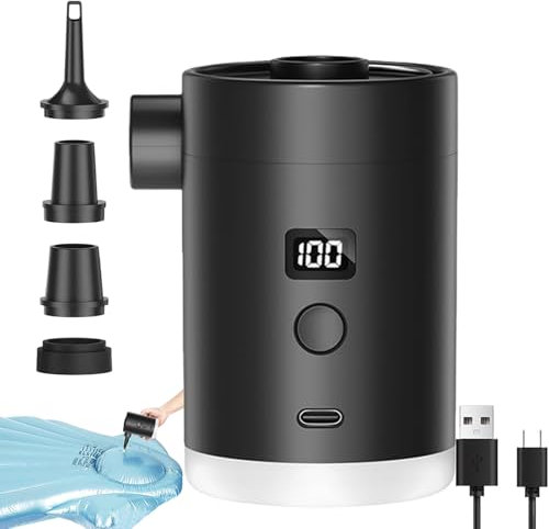 Bärbar luftpump - uppladdningsbar elektrisk pump 4 000 mAh, luftkudde pump | trådlös luftpump med campinglampa och 4 bussar, batteridriven luftpump för pooler, uppblåsbar madrass