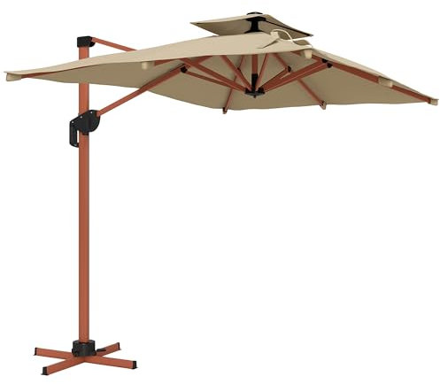 Outsunny Sombrilla de Jardín 300x198x252 cm Parasol Excéntrico de Aluminio con Manivela Inclinación Ajustable Doble Techo y Base Cruzada Giratoria 360° Sombrilla para Terraza Exterior Patio Caqui