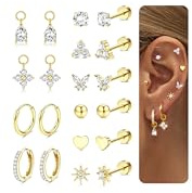 CASSIECA 10Pairs Flat Back Earrings for Women Hypoallergenic Surgical Steel Earrings for Sensitive Ears 14K Gold Hoop Stud Sleeper Earring Flatback Cartilage Tragus Helix Piercing Earrings Gold