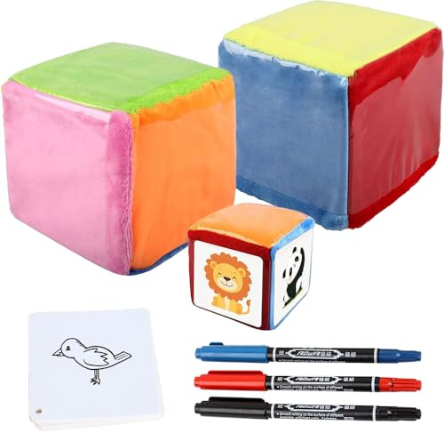 SKIKHN Dadi Educativi Fai-Da-Te con Tasca, 2 Pezzi Cubi di Apprendimento in Morbida Schiuma, Cubi con Tasche con 20 Carte Vuote e 3 Penna, per Asilo, Scuola Materna, Apprendimento Precoce