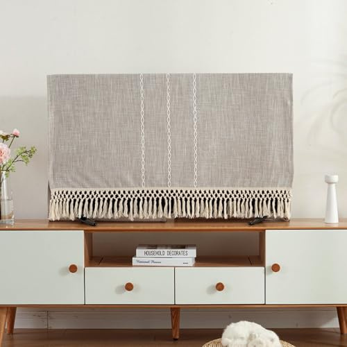 JANEMUA Modern konst TV-dammskydd skrivbord, bomull och linne dekorationsmaterial TV dammskydd duk med tofs, universellt TV-Khaki-skärmskydd||30-32 tum