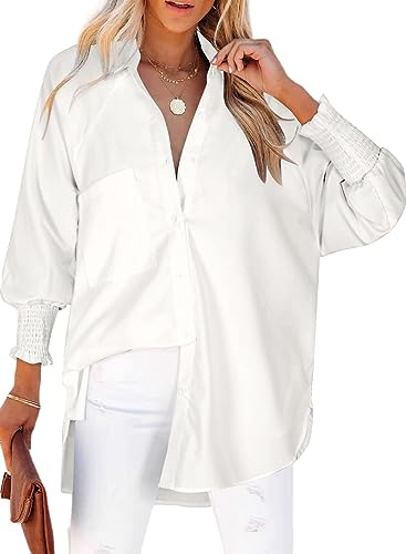 Chicrise Blusa de Manga Larga para Mujer, diseño a Rayas, con Botones, Talla Grande, Ligera, con Bolsillo, Camisa básica Informal, Blanco, 3XL