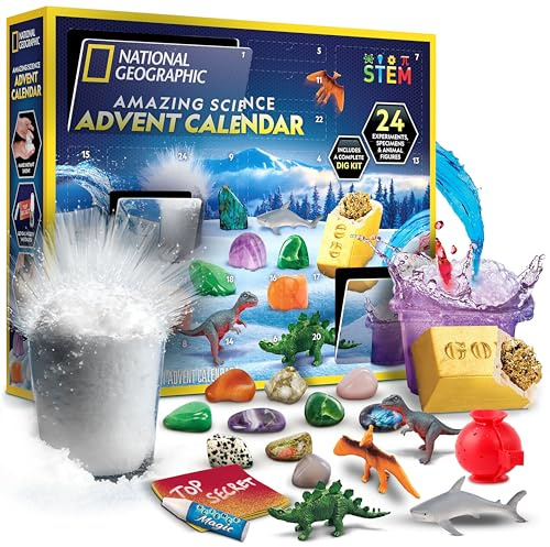 NATIONAL GEOGRAPHIC 2025 Science Kit & Rock Collection Advent Calendar – Science Christmas Countdown Calendar with 24 Days of Science Experiments, Gemstones & More, STEM Projects for Kids Ages 8-12