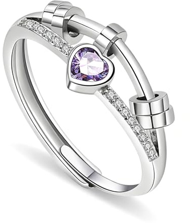 GAZIL Anillo giratorio ajustable de doble capa, anillo de plata para ansiedad con zirconia cúbica, joya antiestrés rotatoria,Día de San Valentín regalo para mujeres y niñas (Morado)