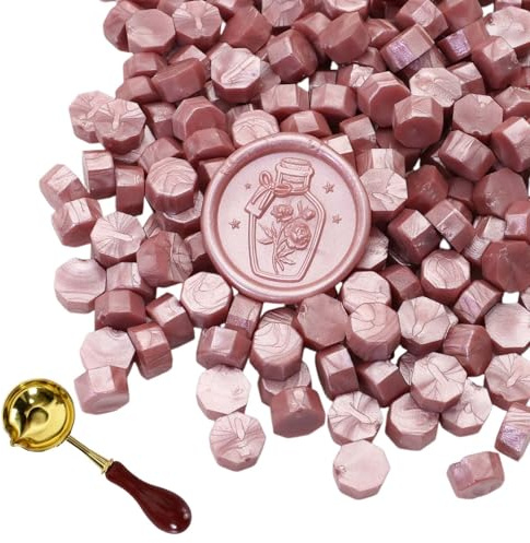 300 Perles de Cire à Cacheter Octogonales avec Cuillère de Fusion - Lot de Sceaux de Cire pour Tampon, Lettres, Invitations, Cartes, Enveloppes, Emballage Cadeau, Mariage, Loisirs Créatifs (Or Rose)