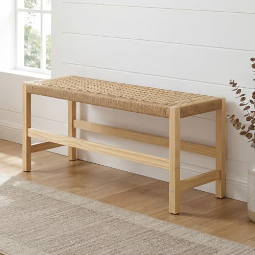 chairus Banco de Entrada de Madera Maciza con Asiento Trenzado Banco para Pies de Cama en Estilo Japonés, Banco Multifunción para Salón/Comedor, Color Natural