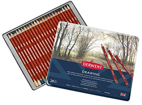 Derwent Drawing Pencils, Set of 24 in Tin, 5mm Round Core, Premium Core Strength, Creamy Texture, Ideal For Fine Art Drawing & Colouring, Professional Quality, 700672