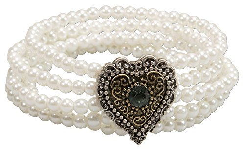 Alpenflüstern Perlen-Trachten-Armband Margarethe - elastische mehrreihige Trachten-Armkette mit Trachtenherz Bicolor-Farben, nostalgischer Damen-Trachtenschmuck, Perlenarmband Creme-weiß DAB057