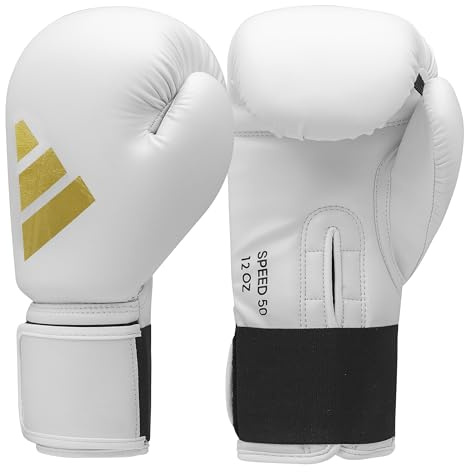 Adidas Guantoni da boxe Speed 50 per uomo, donna, bambino, per allenamento, palestra, 113,4 g, 170,1 g, 226,8 g, 283,5 g, 340,2 g, 396 g, 453,6 g, colore: bianco/oro