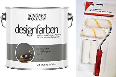 Schöner Wohnen designfarben feinmatte Wandfarbe für innen 2,5 Liter mit go/on Rollen-Set 5-tlg (Nr 1 Klassisches Schiefergrau)