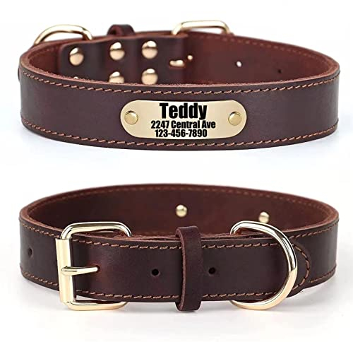 SLZZ Personalisiertes Hundehalsband aus echtem Leder mit Hundename Telefonnummer/langlebiges verstellbares Hundehalsband für X-Klein Klein Mittel Groß X-Groß Hunde-XS