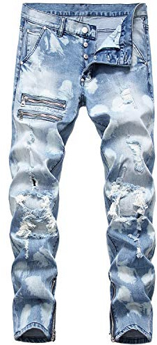 HENGAO Mens Ripped Skinny Slim Fit Stretch Jeans, Fashion Distressed Destroyed Comfort Straight Leg Denim Pants, 1161 Light Blue, 32