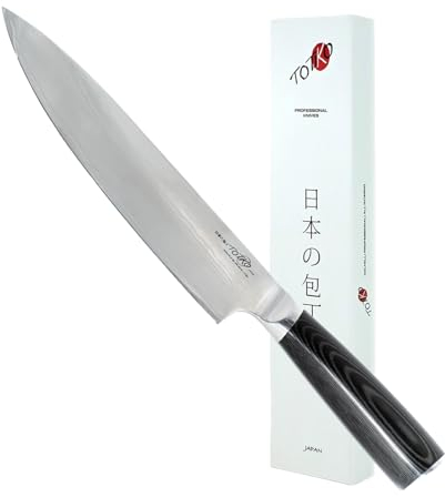 Totiko Coltello Professionale in Acciaio Damasco, Coltello da Cucina Professionale Giapponese da Carne, Pesce, Verdura, Lama da 20cm, Chef Damascato, Manico in Resina Micarta - Yukimura Japan Knives