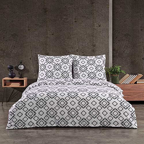 Style Heim Biber Bettwäsche 155x220 cm Flauschige Winterbettwäsche 2 Teilig 100% Baumwolle mit Reißverschluss Bettwäsche-Set Kissenbezug 80x80cm, Geometrisches Muster Geo, Schwarz Weiß