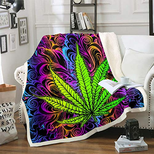 Marijuana Weed Fleece Blanket Men Cannabis Leaf Sherpa Throw Blanket for Sofa Couch Bed Decor Colorful Marijuana Leaf Design Warm Plush Blanket Psychedelic Fuzzy Blanket Ultra Soft Double 60x79