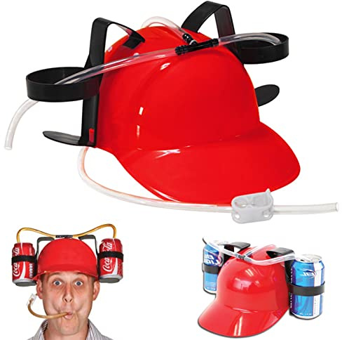 Casco de cerveza para fiestas, casco con manguera, soporte para bebidas, soporte para cerveza, con 2 soportes para latas y manguera para beber, para carnaval, divertido, casco de cerveza, unisex