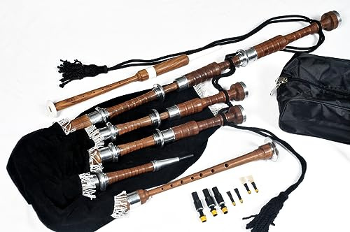 Hakam Din - Cornamusa Great Highland in legno naturale di cobolo con supporti in nichel argento e cavo di copertura nero, per studenti, kit completo per principianti (lingua italiana non garantita),