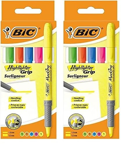 BIC 896055 Textmarker Highlighter Grip, Keilspitze, 5er Etui, farblich sortiert (Packung mit 2)