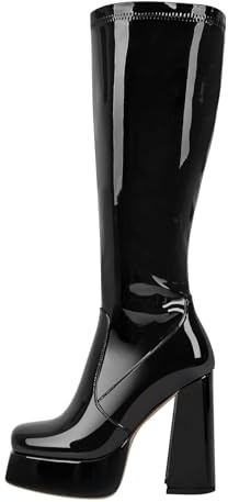 MissHeel Botas de plataforma de caña larga Tacón bloque Tacones altos Dedos Cuaticos Botas hasta la rodilla, Negro , 36 EU