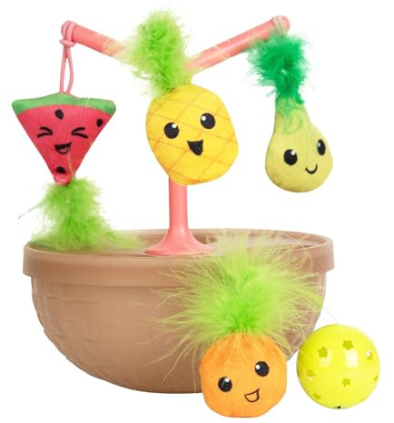 Catstages Hunt N' Wobble Fruit Bowl Wobbling Cat Toy with Five Catnip Toys, Jingle Ball, and Flingers, Multicolored