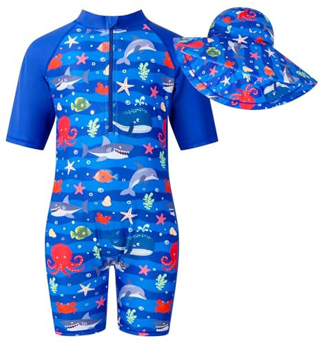 WYTbaby Kinder Jungen Badebekleidung UV Schutz Badeanzug Alles in Eins Sonnenschutz Bademode Einteiler Neoprenanzüge UPF 50+ Schwimmanzug mit Einem Reißverschluss Kurzarm-Hautausschlagschutz