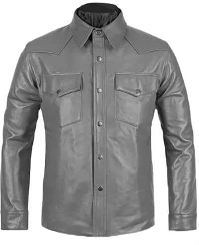 AAOutfitz Chemises en cuir véritable gris pour homme, Gris - Cuir véritable, XS