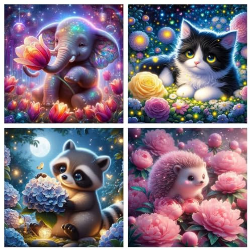 4er Set Diamond Painting Kinder ab 4 5 6 8 10 Tiere,Elefant Katze Waschbär Igel Diamant Painting Bilder Kinder,Klein Diamond Painting Jungs Mädchen Als Geschenk(15x15cm)