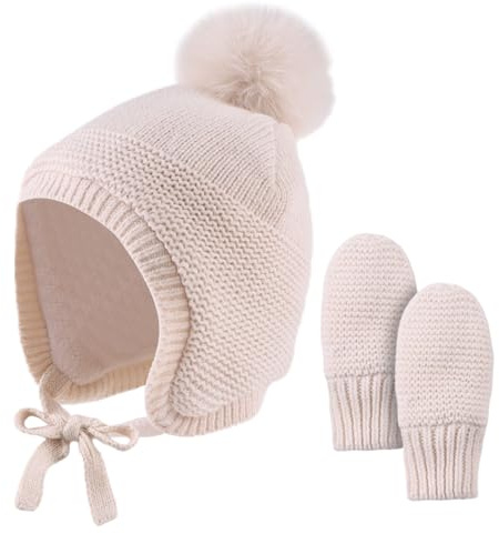XIAOHAWANG Caliente Earflap bebé Beanie Chica Niño Invierno Muy Pequeño Lindo Pom Pom Sombrero con Vellón (6-24 Meses, Beige)