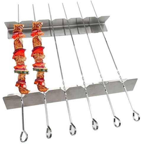 AMSGANK Grillspiess-Set, 6x Edelstahl Grillspieße + Grillgestell, Robuste Spieße und Halterung für Grillspieße Schaschlikspiesse Fleischspieße Grillzubehör für Fleisch Gemüße