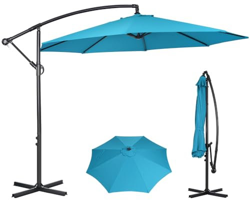 Panana 3M Garden Cantilever Parasol Outdoor Banana Hanging Umbrella 8 Sturdy Ribs with Crank Mechanism Sun Shade Canopy for Poolside, Deck, Patio and Balcony (Light Blue)