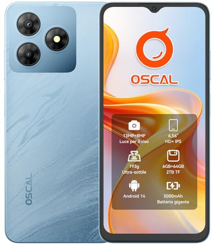 OSCAL 2025 Flat 2C Movil Android 14 6GB +64GB/2TB TF, 6.56 HD+ Smartphone, Batería 5000mAh, Cámara 13MP+8MP, 4G Dual SIM/OTG/GPS/3 Años de Garantía Telefonos Moviles Libres - Azul