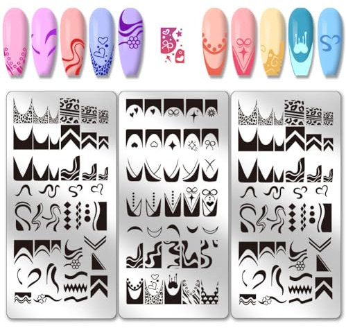 PH PandaHall 3pcs French Tip Nail Stamping Plates French Line Nail Art Stencils Geometric Wave Stripe Manicure Art Templates Flower Leopard Nails Design Stencil for Women Manicures Salon Printing