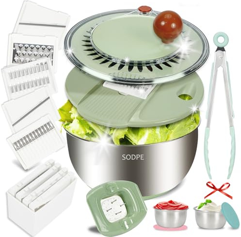 SODPE Stainless Steel Salad Spinner Large with 5 Blades Slicer, Lettuce Washer Spinner and Dryer, Vegetable Fruits Chopper Bowl, Egg Yolk Strainer Comes with Dipping Saucers and Clip, 5.3Qt