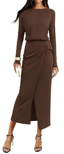 KIRUNDO Long Sleeve Dress for Women 2026 Spring Summer Boat Neck Cocktail Wedding Guest Knit Wrap Ruched Slit Maxi Dresses(Dark Brown, Medium)