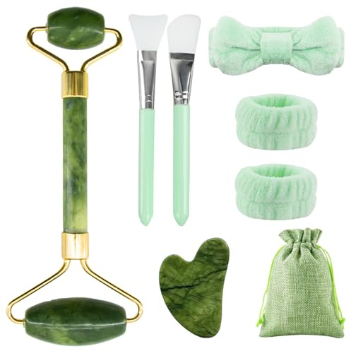 BORISCA 8 Pezzi Gua Sha Viso Kit, Rullo Massaggio Viso, Rullo di Giada e Pietra Guasha, Guasha Viso Pietra Giada per Lenisce i Muscoli (Verde)