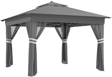 Padiglione pop-up grigio chiaro con pareti laterali, luci ad energia solare, borsa per il trasporto e 4 pesi – tenda a baldacchino per eventi feste e campeggio