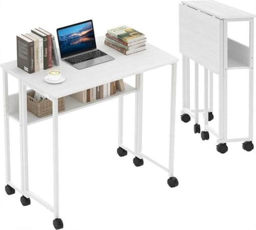 Hapterouse Kleiner Rolltisch Mit Ablagefach, 63x50x75Cm Kleiner Schreibtisch Klappbar, Faltbarer Computertisch Mit Rollen Für Kleine Räume, Einfache Montage