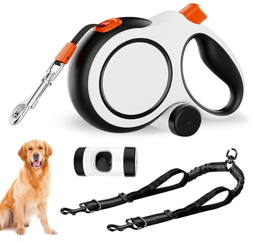 Correa retráctil para perros de 8 m, para perros medianos y grandes, hasta 50 kg, con correa robusta, freno con una mano, dispensador de bolsas de excrementos, seguro y práctico para paseos
