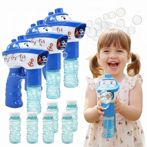 Pistola de Burbujas - Set de 3 - AMATOYS - Máquina de Pompas Automática con Luces - Forma de Barco - Pomperos para Niños - Juguete para Piscina y Verano - Regalo para Cumpleaños (Azul)